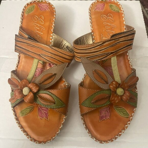 Elite Corkys Sweet Orange Leather Embellished Wedge Heel Slide Sandals 8 - Picture 1 of 12